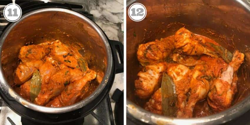 Steps eleven and twelve showing partially cooked chicken for biryani 