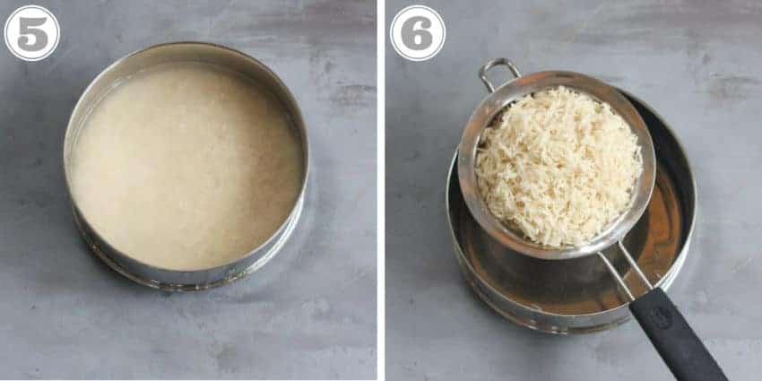 Steps five and six showing soaking and draining rice 