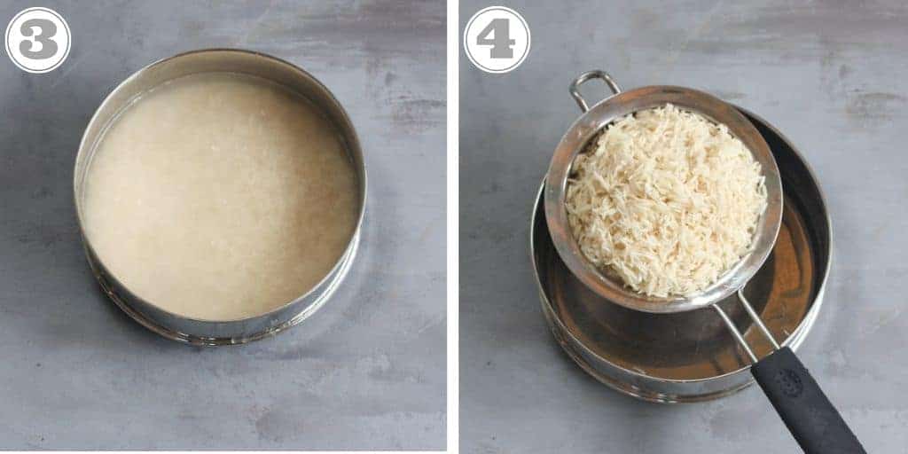 steps showing how to soak and drain rice