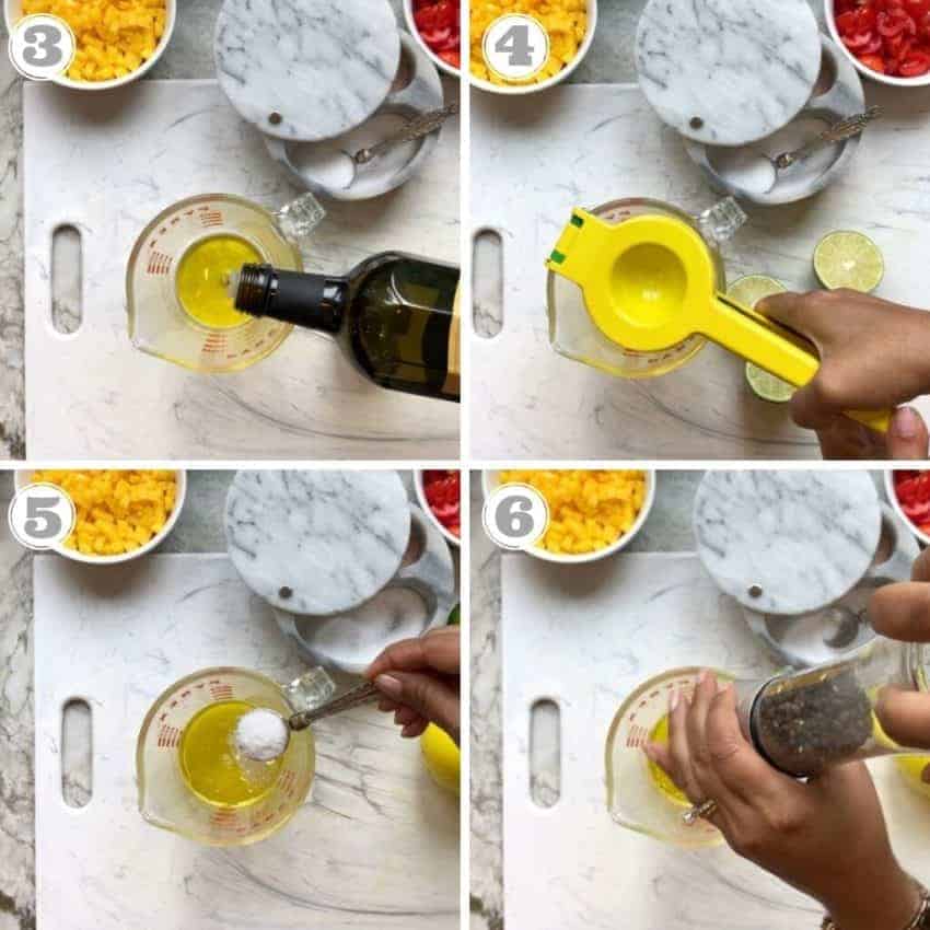 steps 3 to 6 showing how to make dressing for quinoa salad
