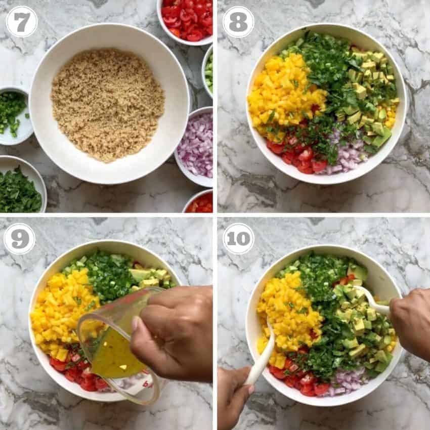 steps 7 to 10 showing how to make fiesta quinoa salad 
