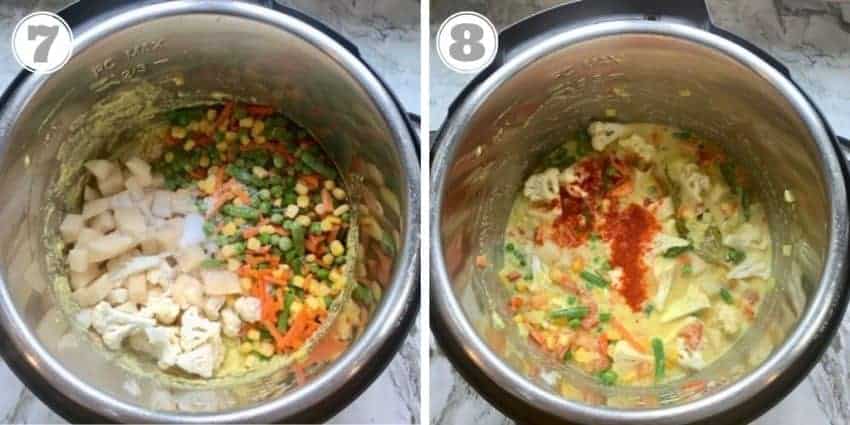 photos showing cooked vegetable kurma in the Instant Pot 