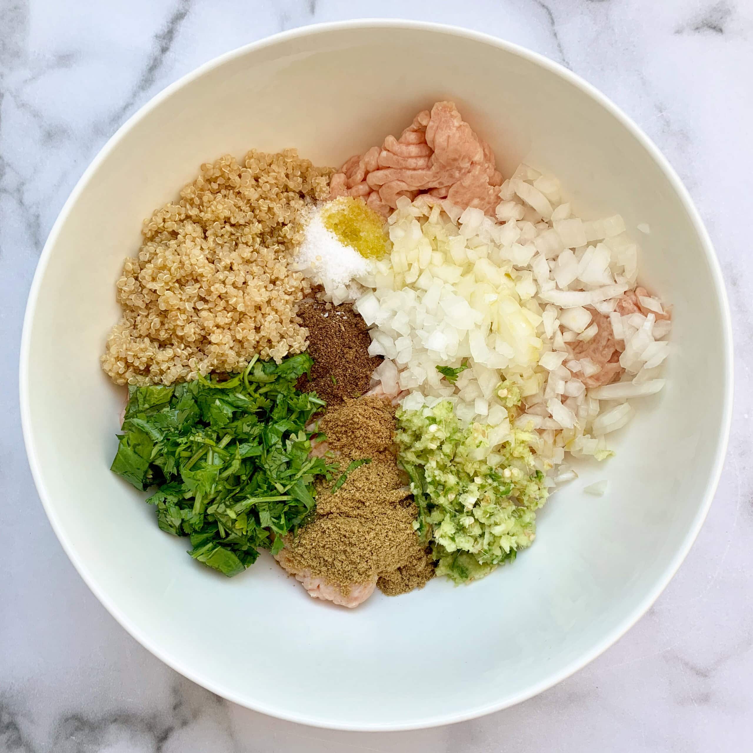 A white bowl containing ground chicken, chopped onions, chopped cilantro, cooked quinoa, minced garlic, ground spices, and salt on a marble surface.