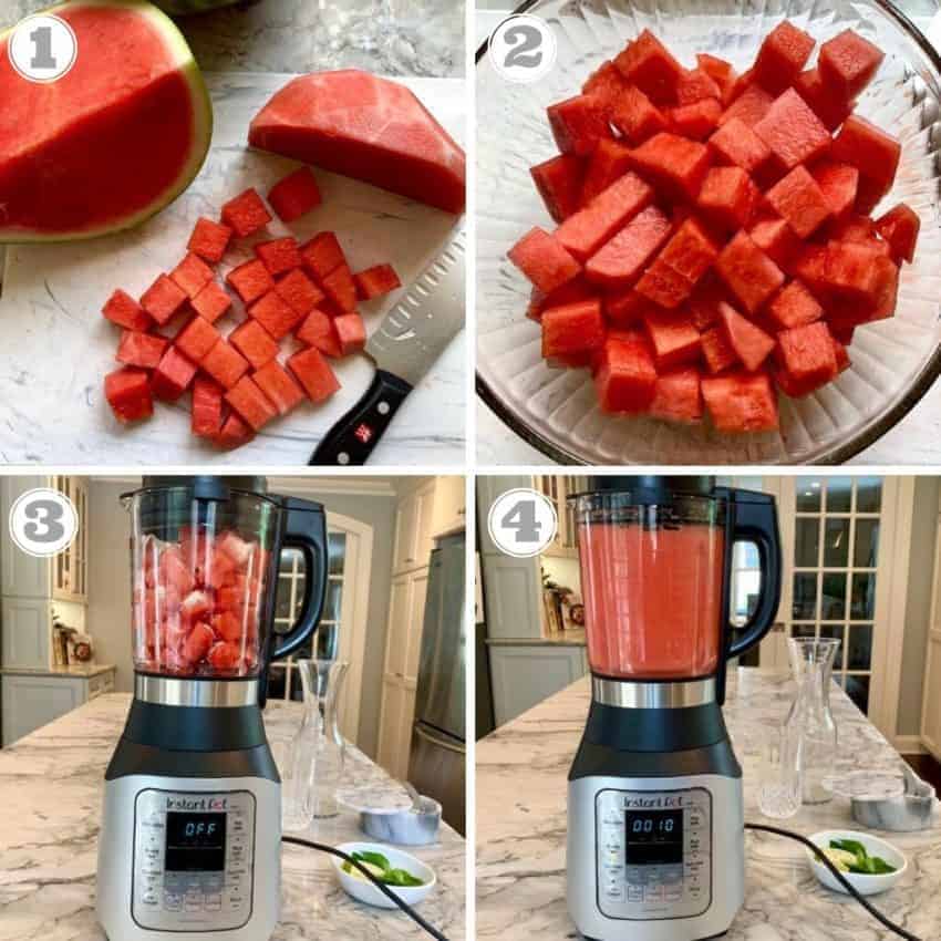 steps one through four showing how to make homemade watermelon juice.