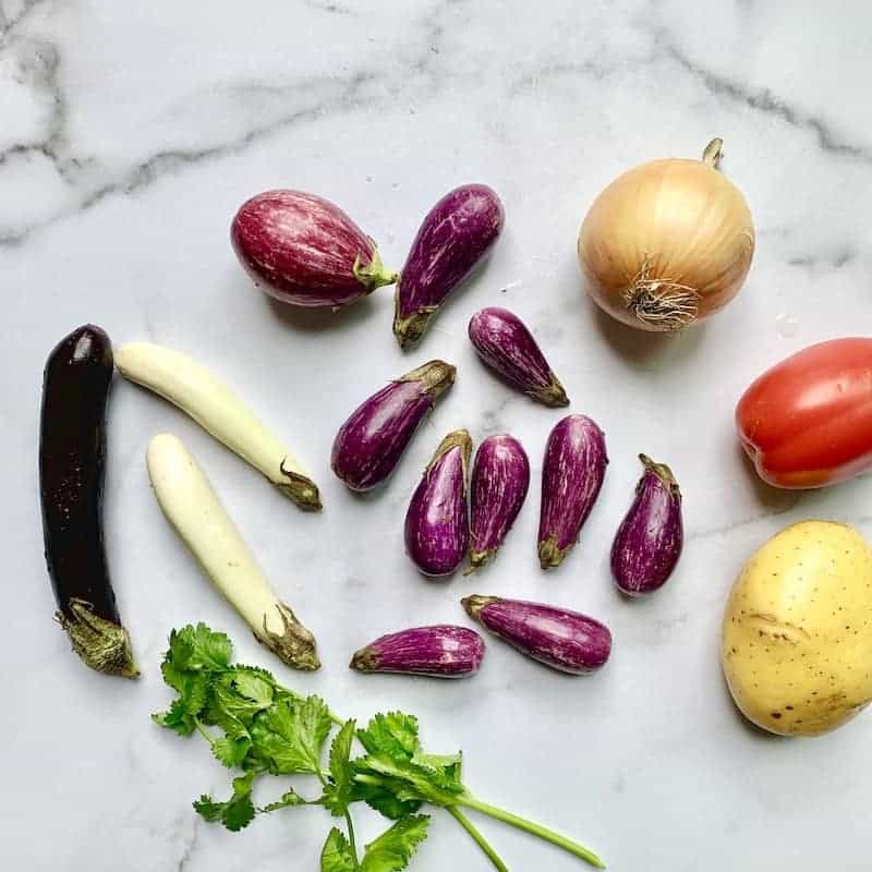 eggplants, onion, tomato, potato and cilatro - veggies for masale bhath