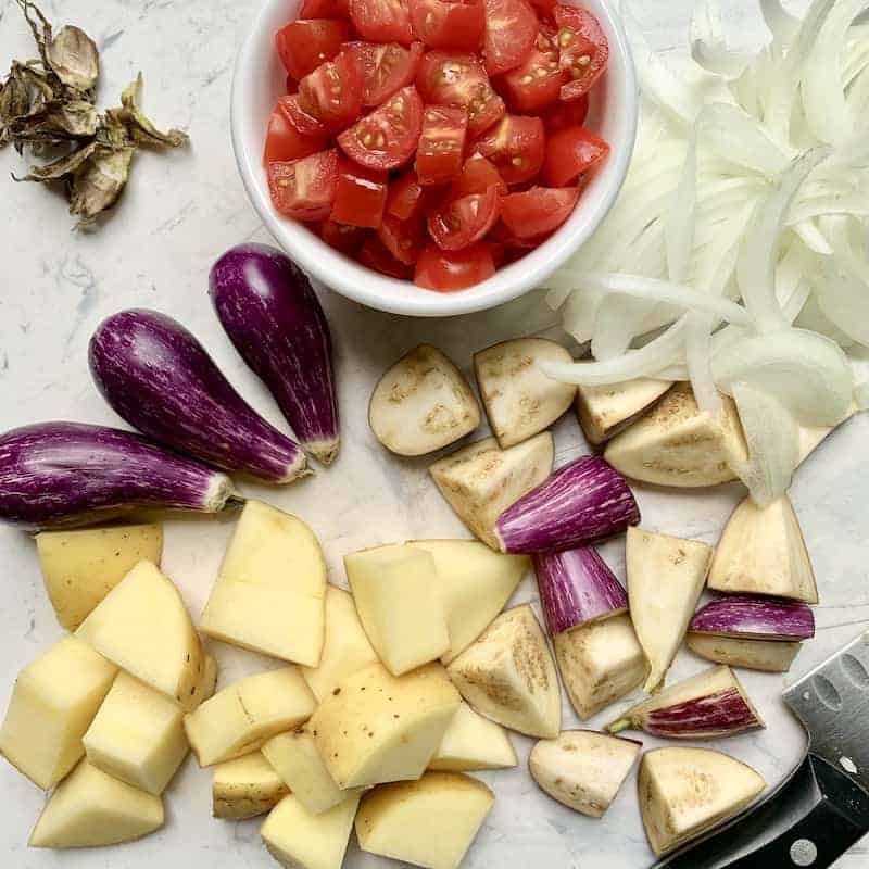 chopped potato, eggplant, tomatoes and onions for masale bhath