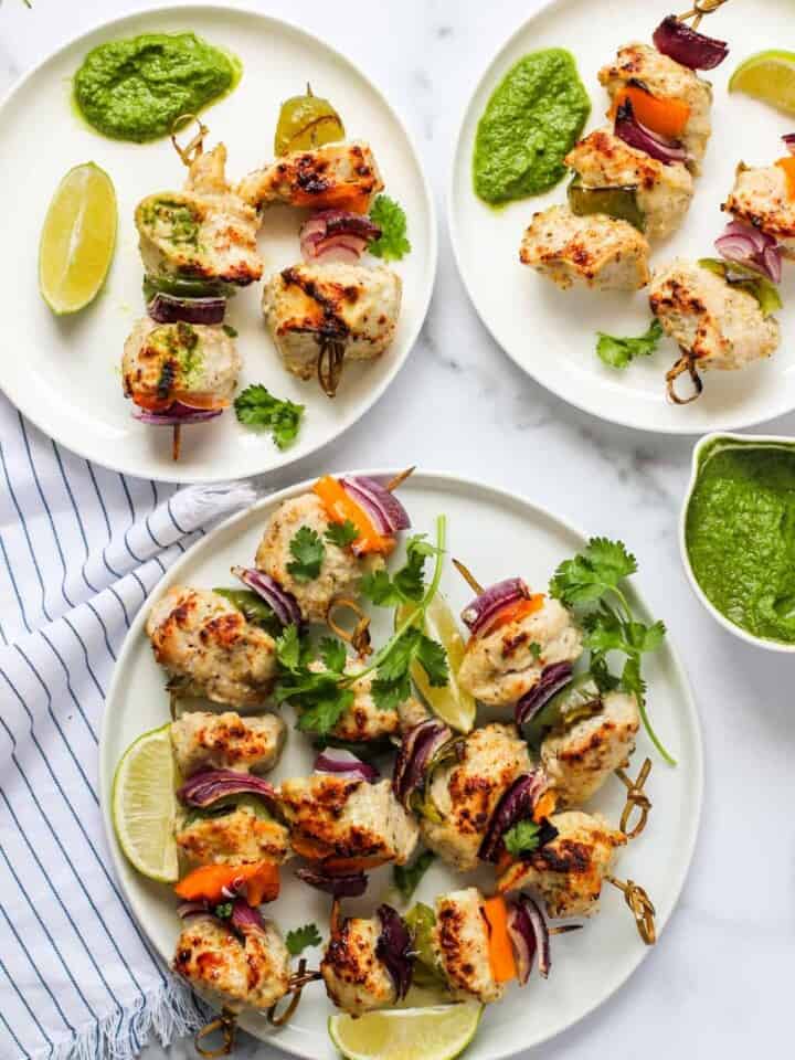 chicken tikka kebab skewers with mint chutney
