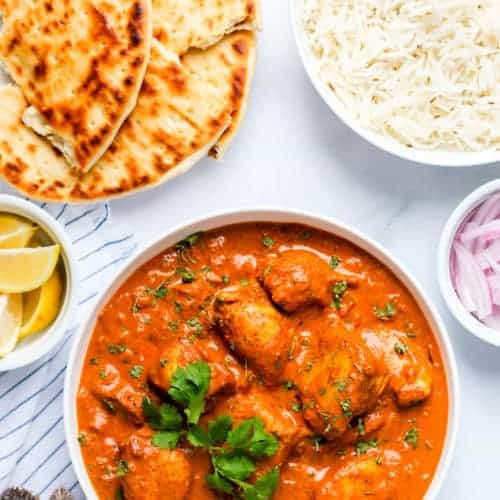 Chicken Tikka Masla served with rice and naan