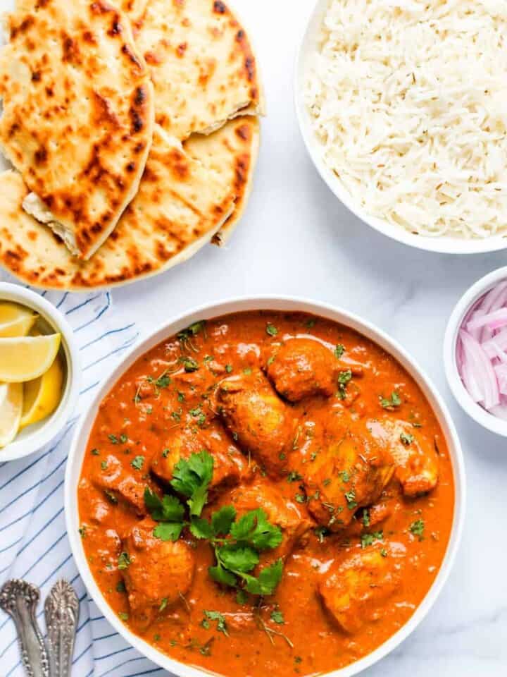 Chicken Tikka Masla served with rice and naan