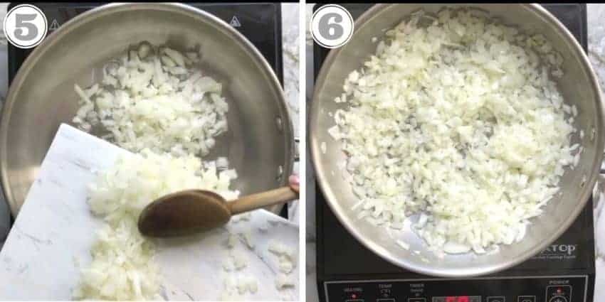 steps five and six showing sauteeing of diced onions
