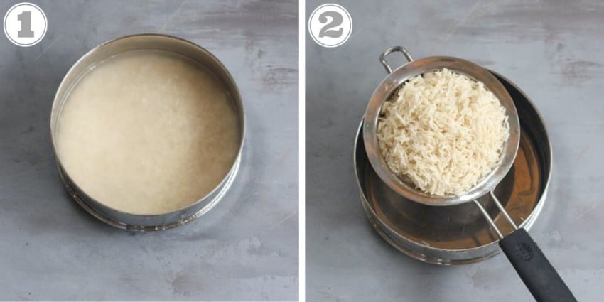 photos showing soaking and draining rice 