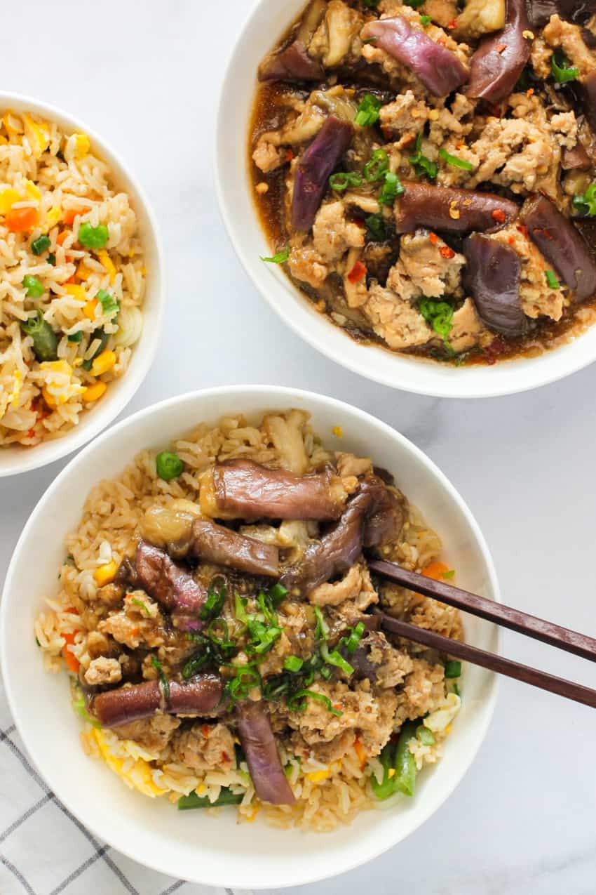 Chicken & Eggplant in garlic sauce served over brown fried rice 