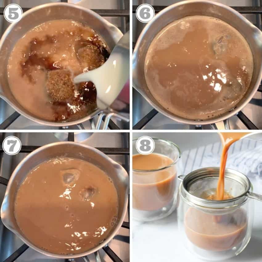 steps five through eight of making ginger chai 