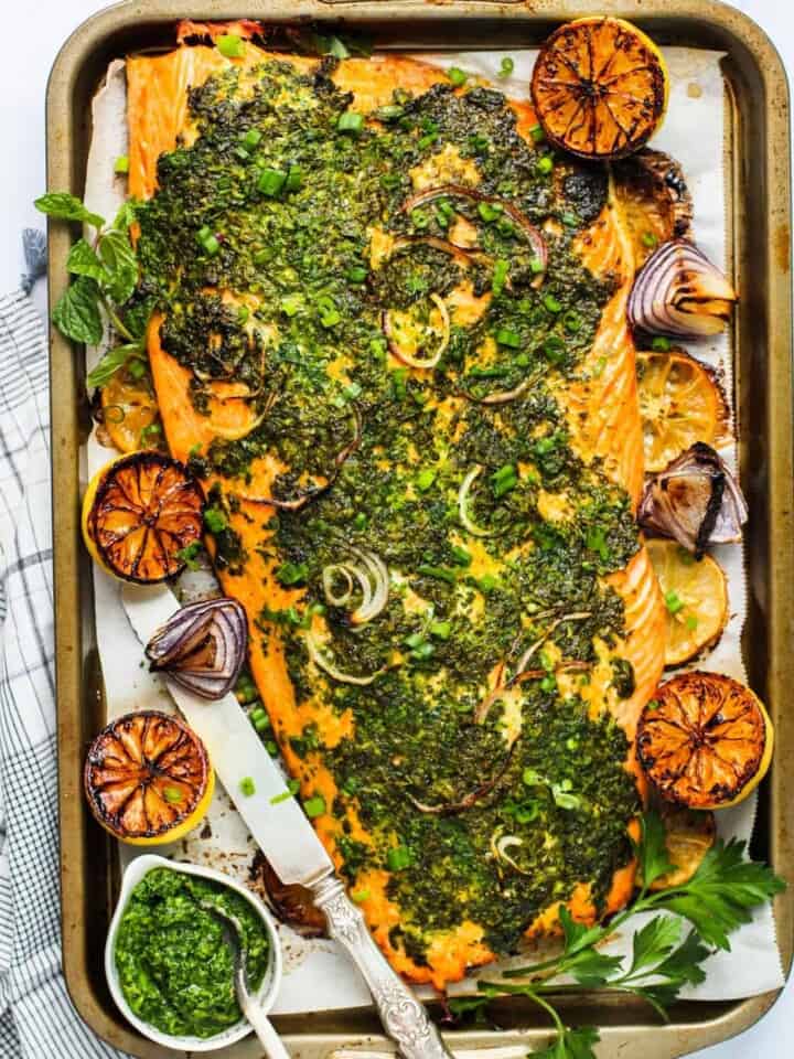 baked salmon on a tray