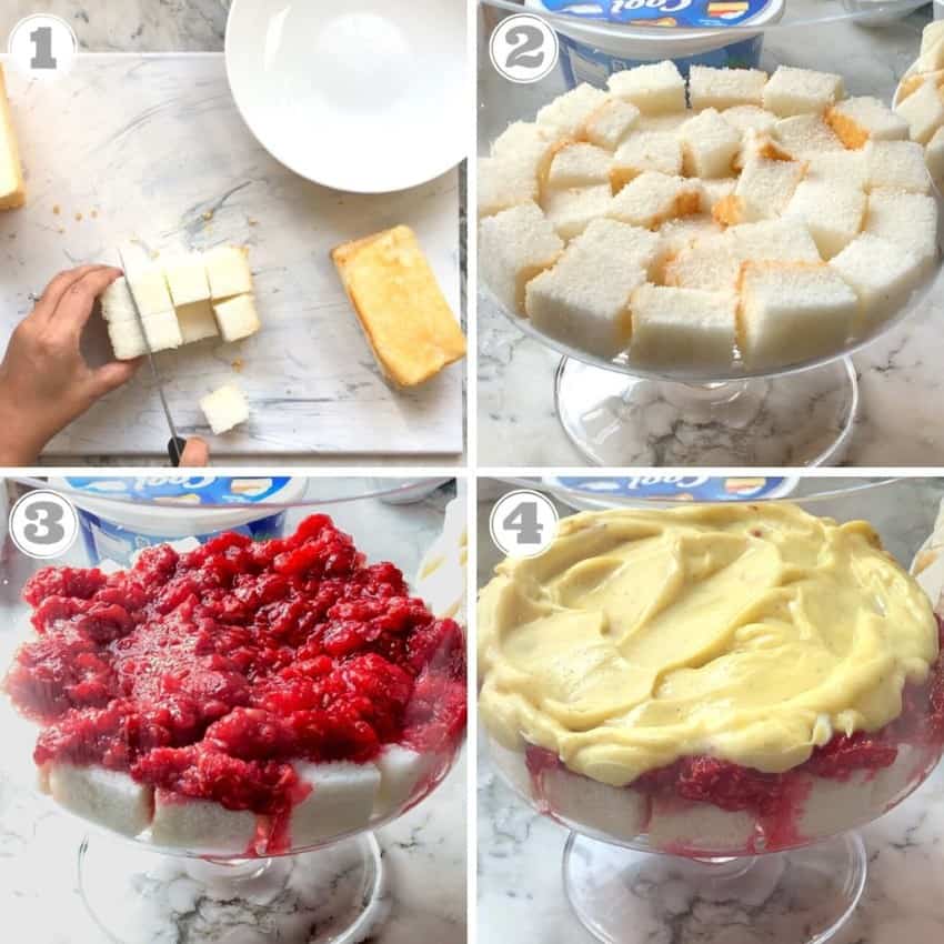 steps one through four showing hot to assemble trifle