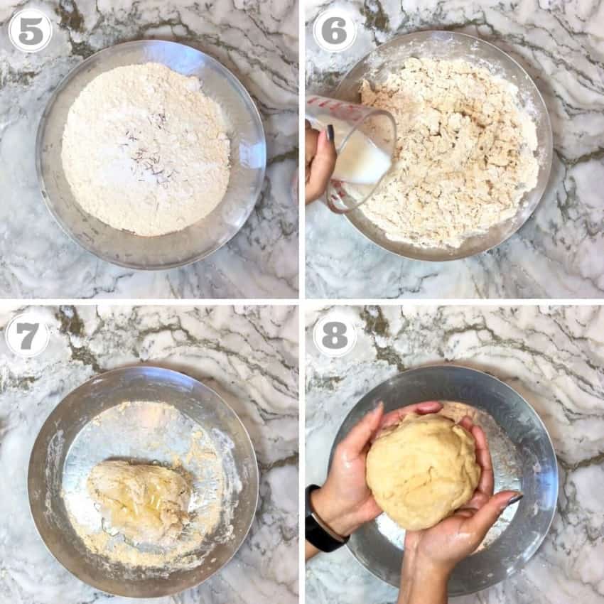 steps showing how to make the dough for tilachi poli 