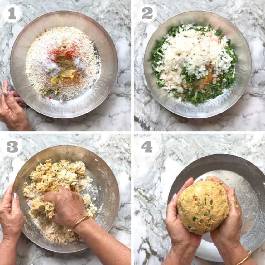 process shots showing how to knead thalipeeth dough
