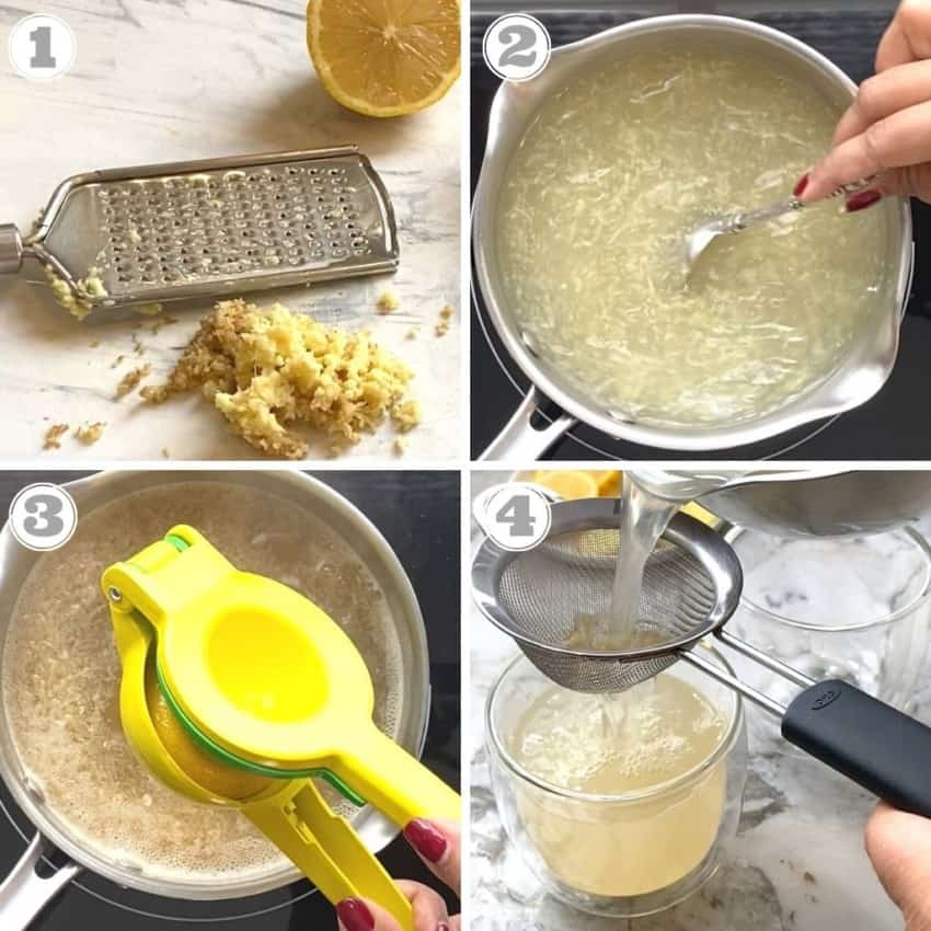 photos one through four showing how to make lemon ginger tea 