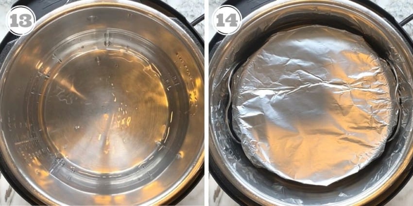 photos thirteen and fourteen showing cake pan in Instant Pot 