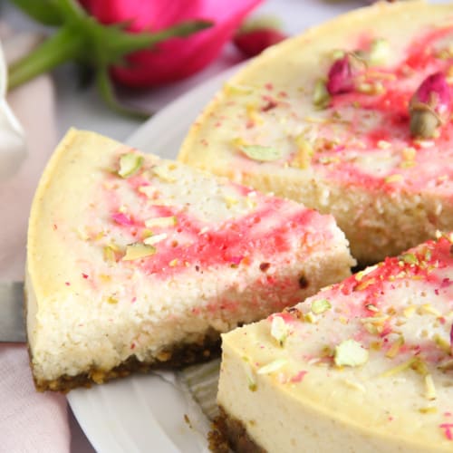 ricotta cheesecake with rose, cardamom & saffron