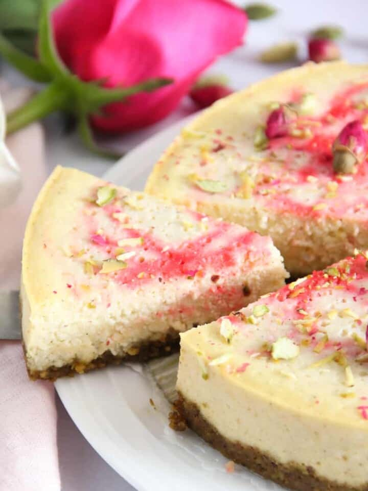 ricotta cheesecake with rose, cardamom & saffron