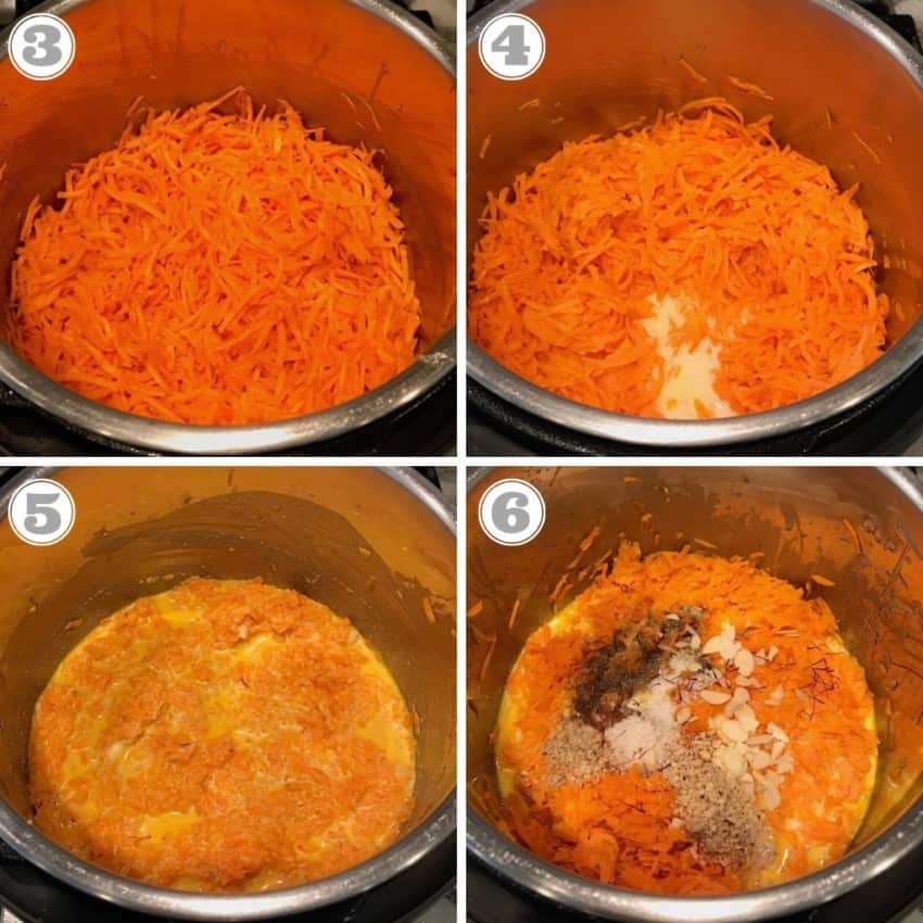 photos showing how to make gajar halwa in the Instant Pot 