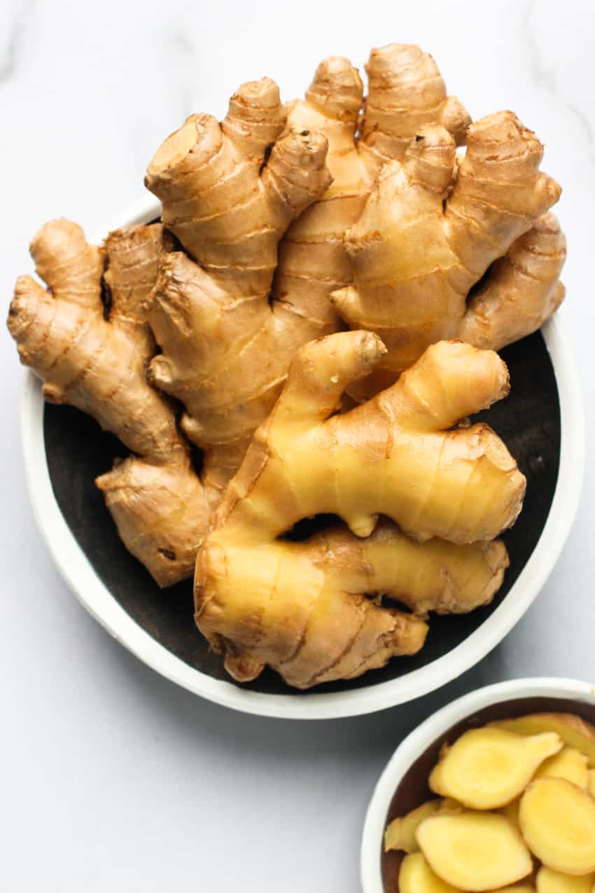 fresh ginger root in a bowl 