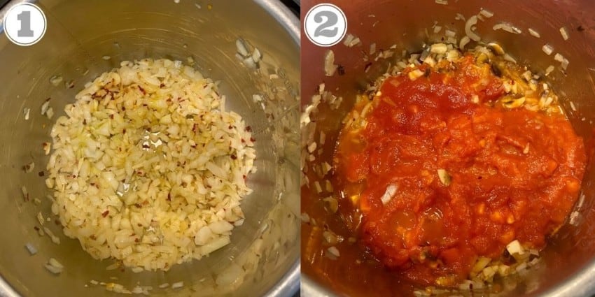steps one through two showing sautéing onions and tomatoes 