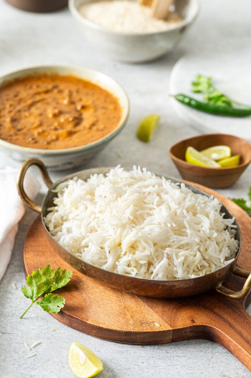 basmati rice in a metal serving platter.