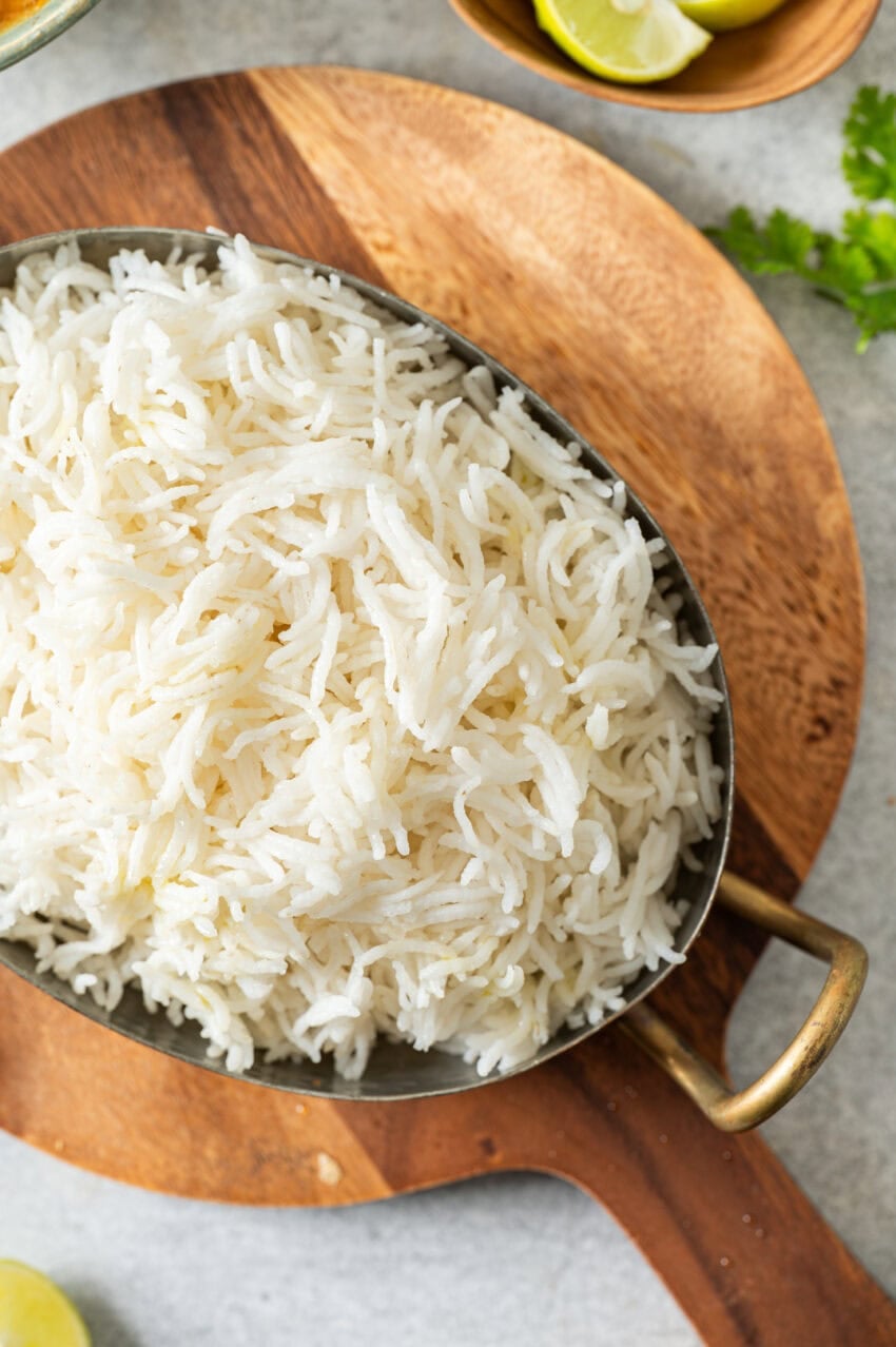 close up photo of basmati rice in a serving platter.