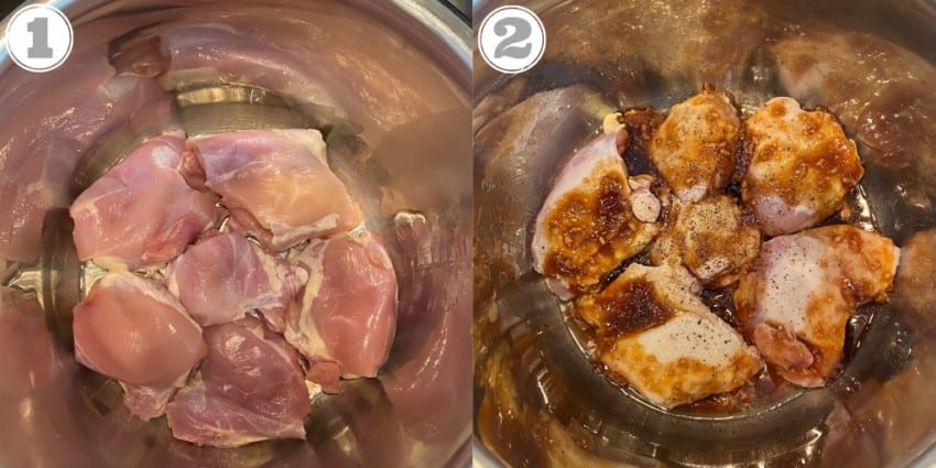 steps one and two showing sautéing chicken in the Instant Pot 