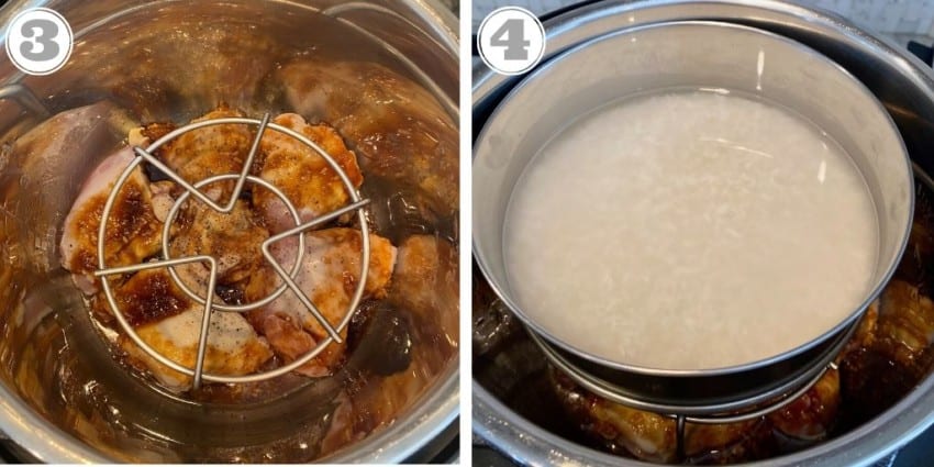 steps three and four showing Pot in Pot rice over chicken in the Instant Pot 