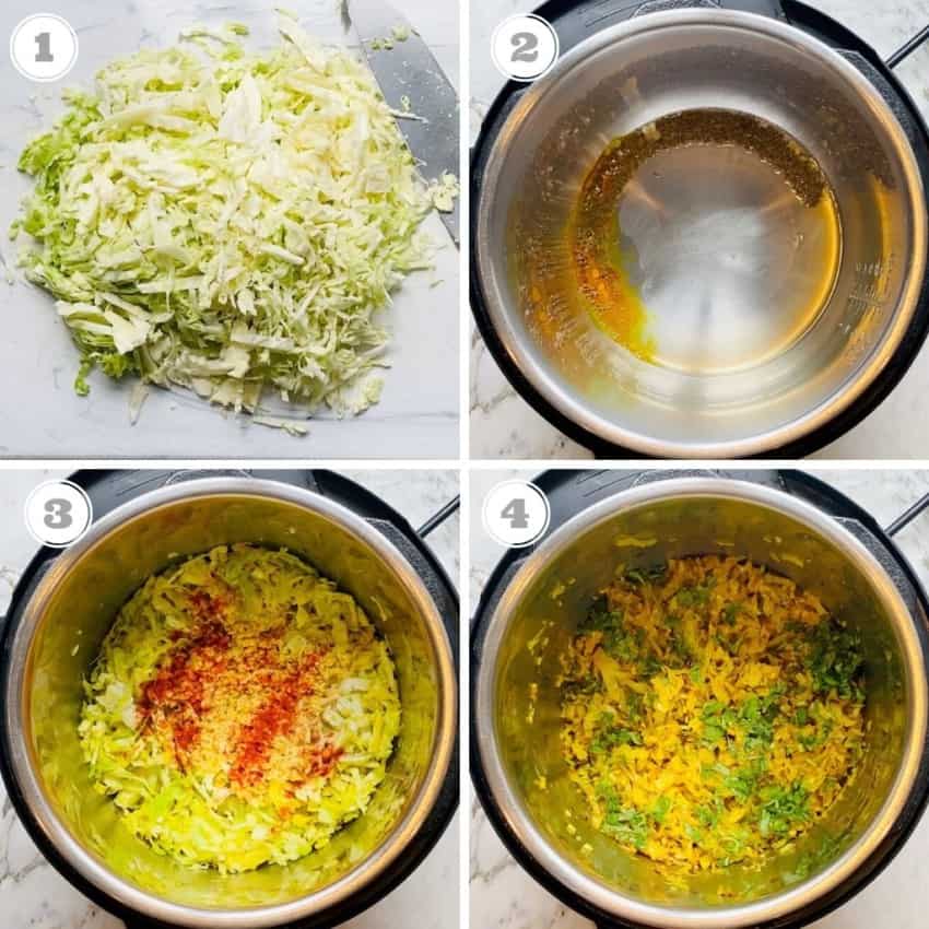photos one through four showing how to make indian cabbage in Instant Pot 