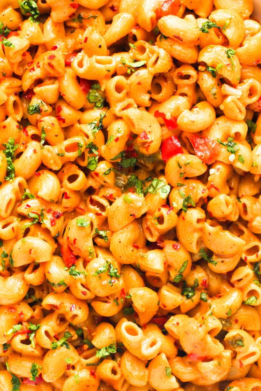 close up photo of spicy mac and cheese 