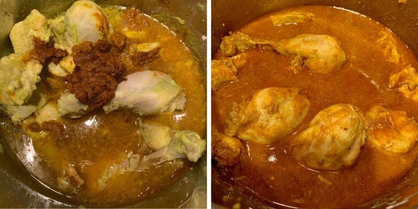 adding curry paste to the chicken 