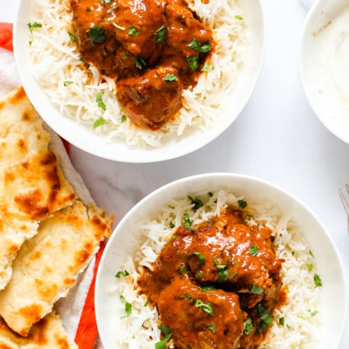 Butter Chicken served with rice and naan