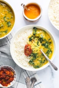 Spinach Dal served with rice and pickle
