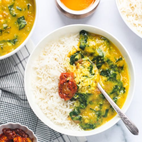 Spinach Dal served with rice and pickle