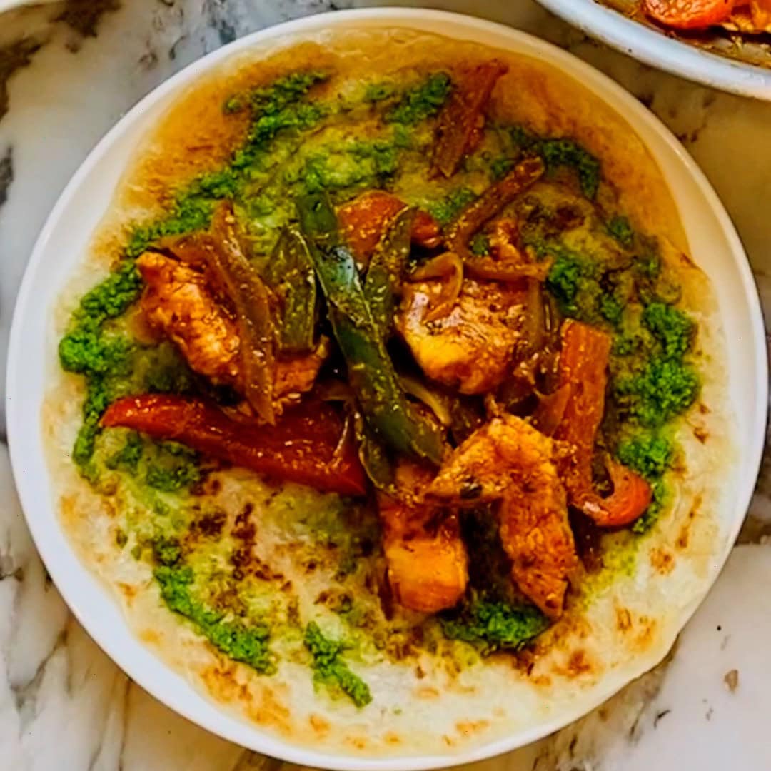 chicken filling on paratha.