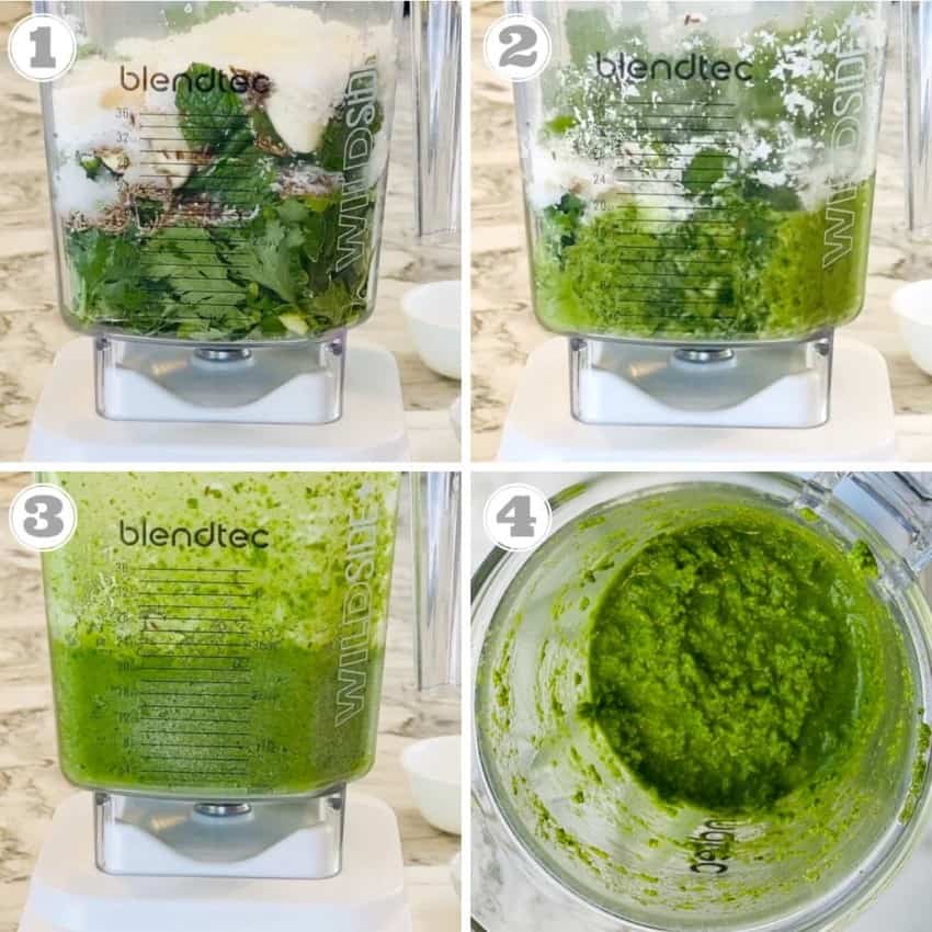 process shots showing how to make cilantro chutney 