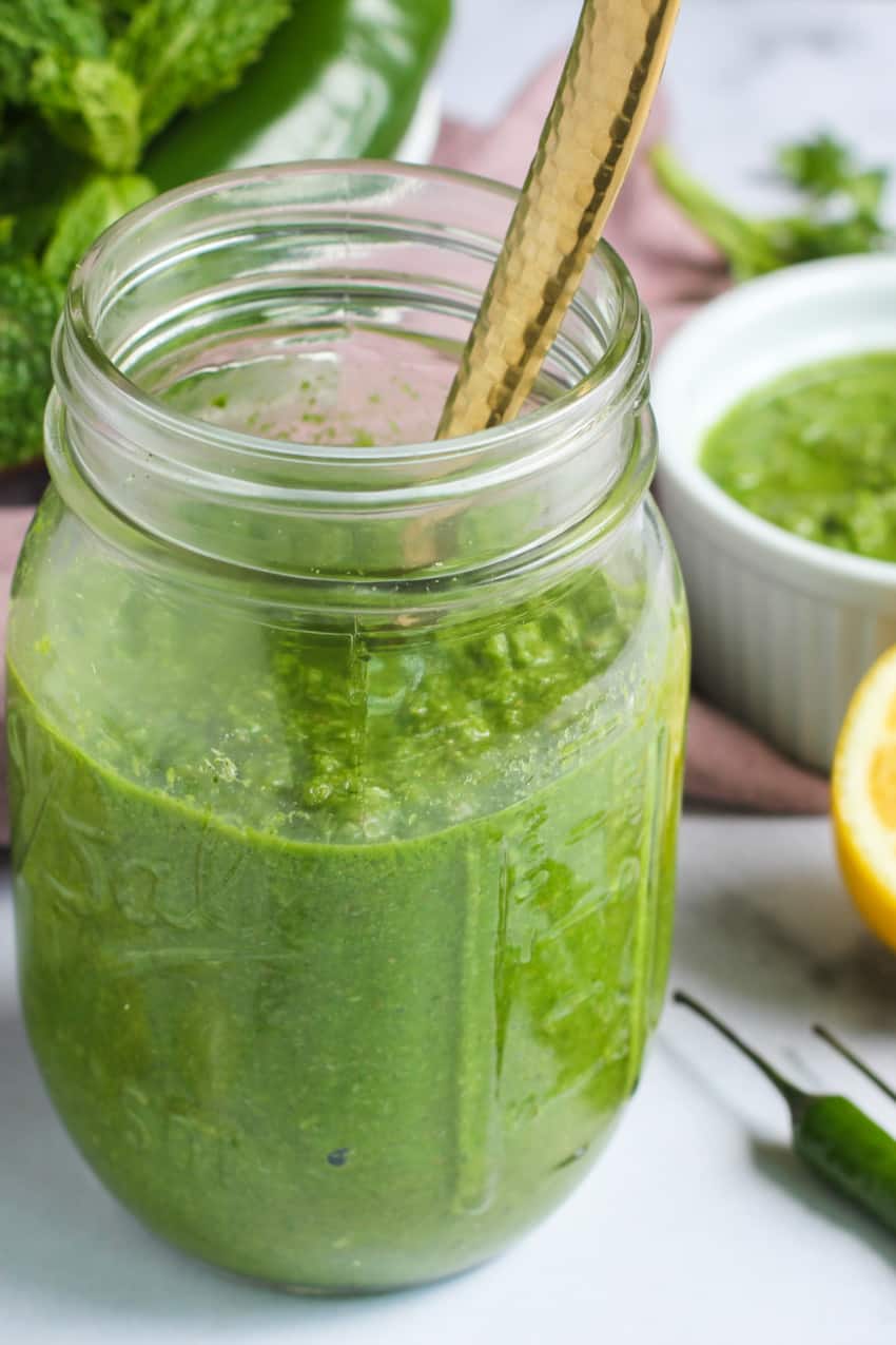 cilantro chutney in a mason jar