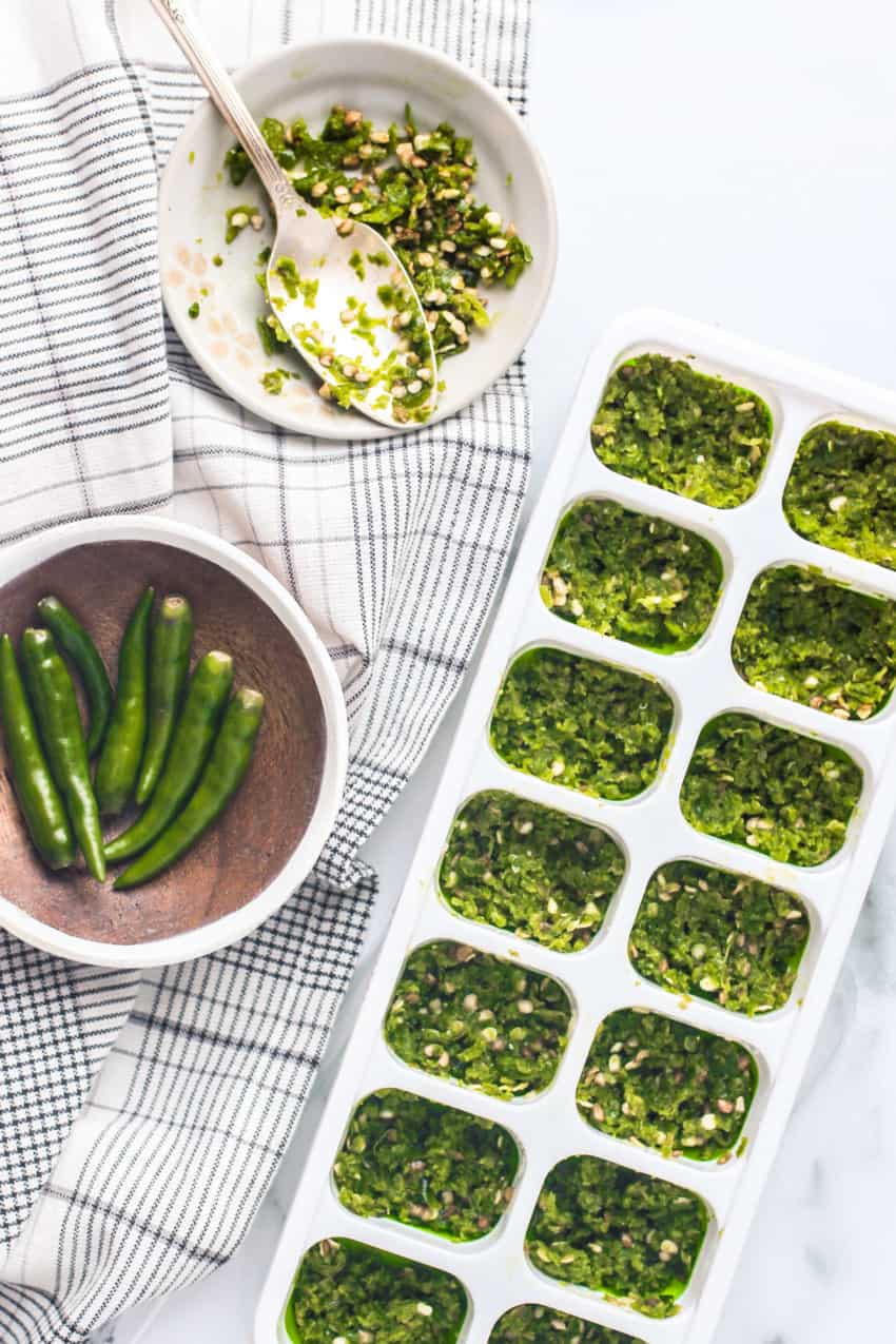 Green Chili paste in silicone tray 