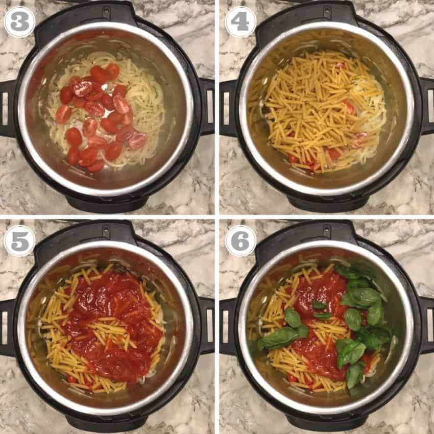 steps three through six showing adding ingredients to Instant Pot