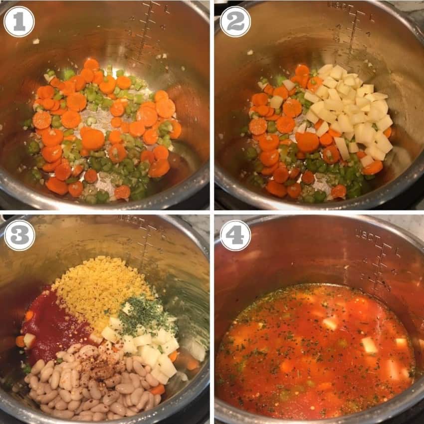 steps one through four showing cooking vegetables in the Instant Pot