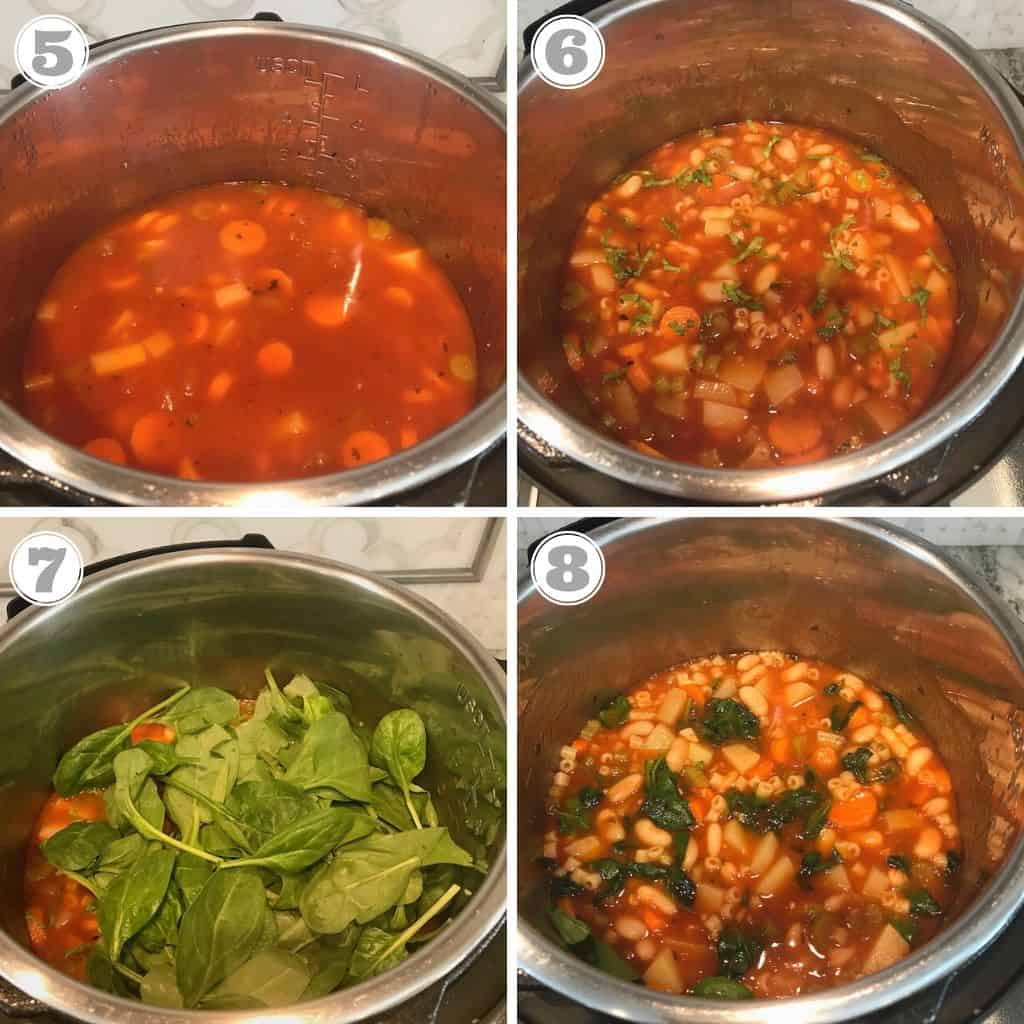 Chef stirring pasta fagioli in a pot with herbs and spices nearby