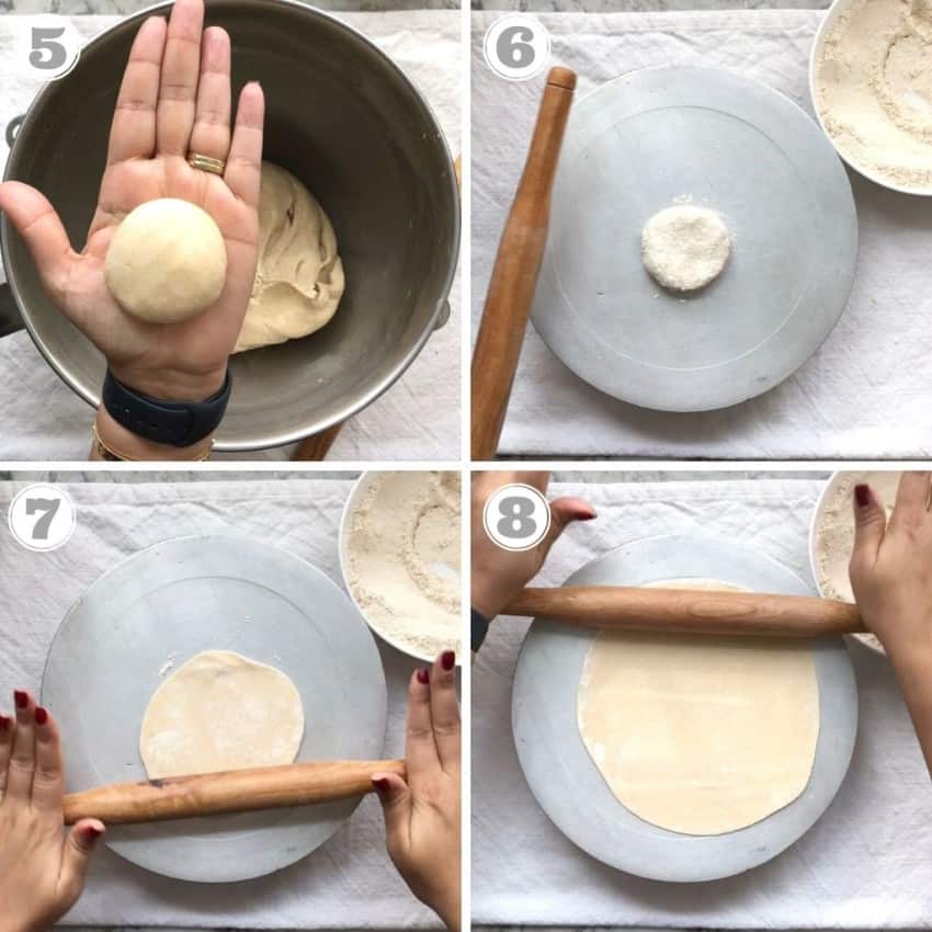 photos five through eight showing how to roll roti 