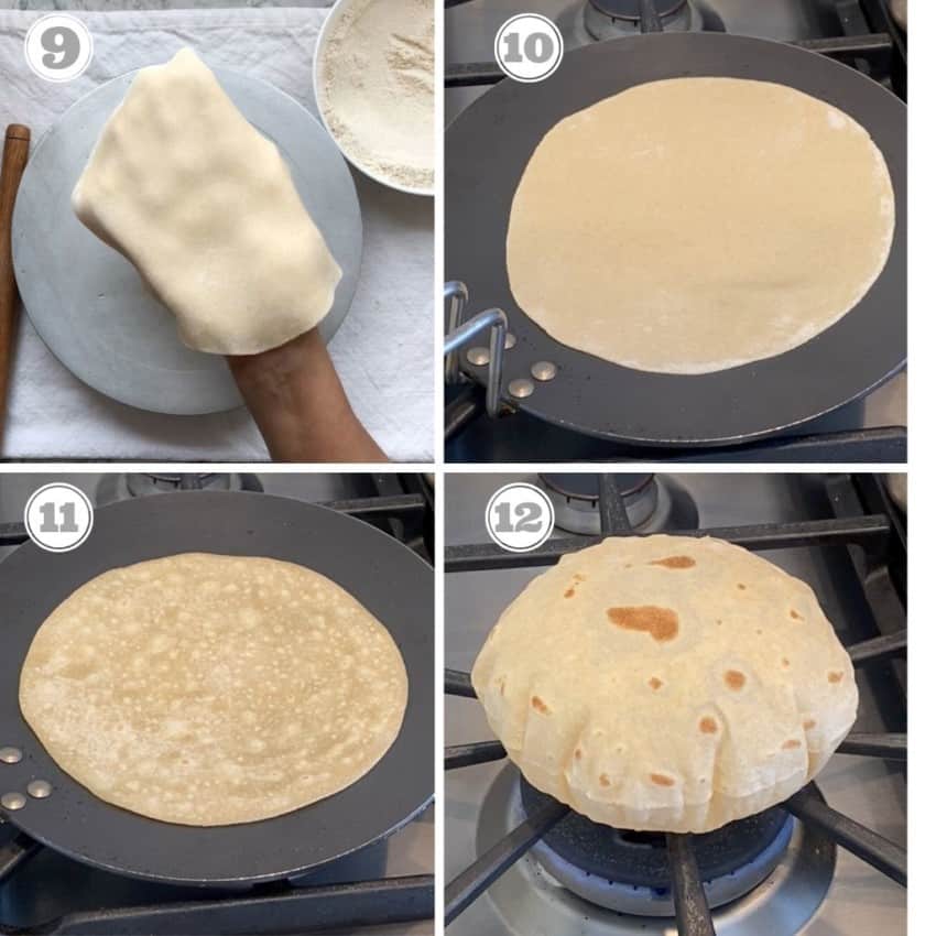 photos nine through twelve showing how to cook roti 