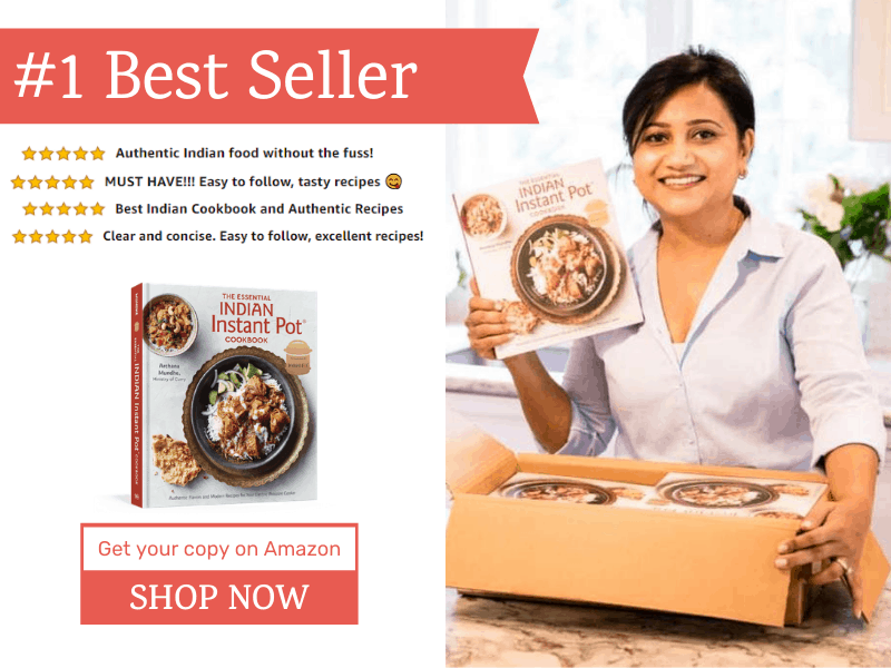 Archana holding Essential Indian Instant Pot Cookbook