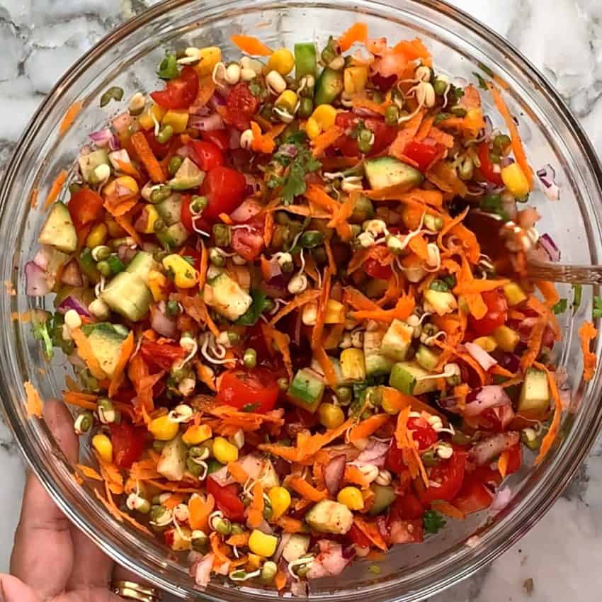 mung bean salad in a glass bowl 