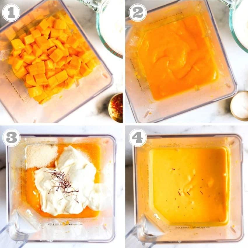 steps one through four showing mango, yogurt, sugar and saffron in blender